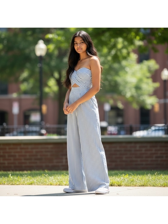 Fashion Nova Other - Fashion Nova Jumpsuit XS Blue White Striped Strapless Cutout Wide Leg Cotton